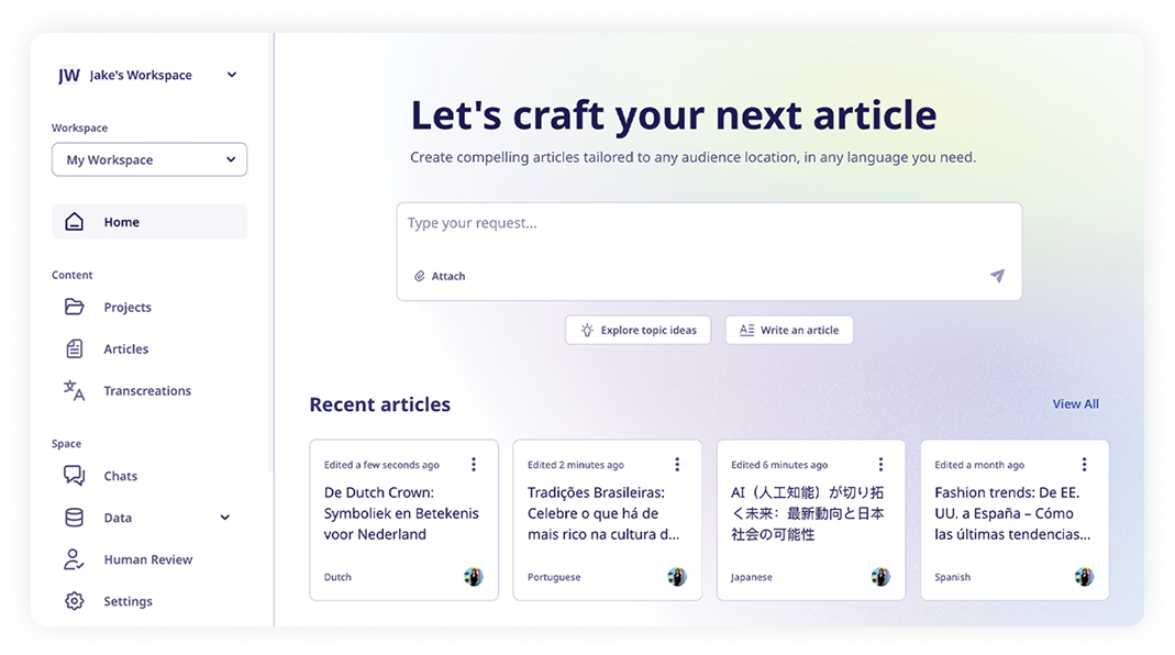 MarketFully.AI workspace drafting a new article, with recent articles in Dutch, Portuguese, Japanese and Spanish