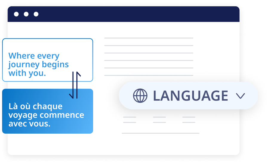 A website shown in English and French side by side, with a language selector for switching markets